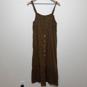 VTG Women Eyelet Maxi Dress XL Green Cotton Button Front Goblin Cottagecore Boho